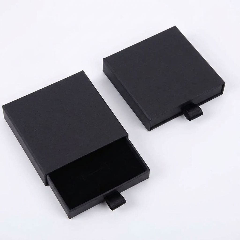 Black gift box shown open and closed