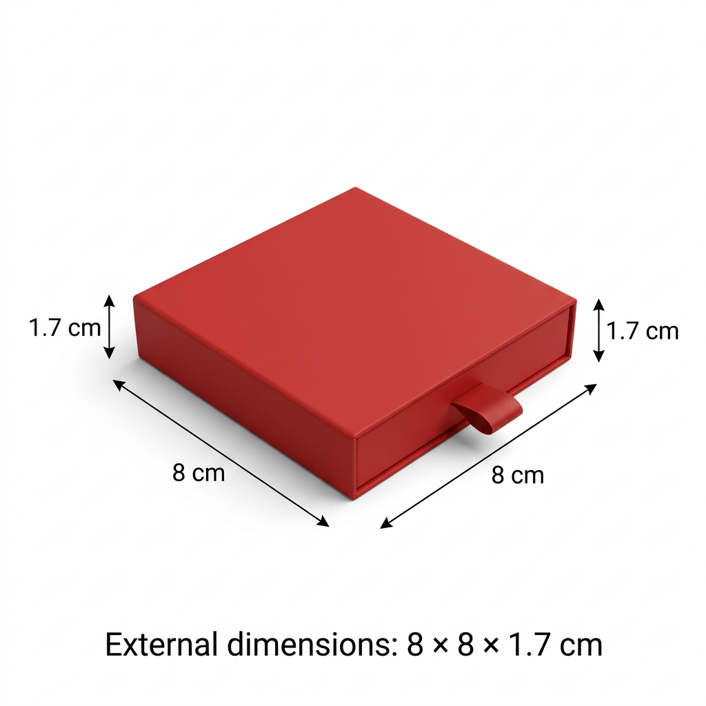 Red drawer-style necklace gift box with external dimensions of 8 cm by 8 cm by 1.7 cm.